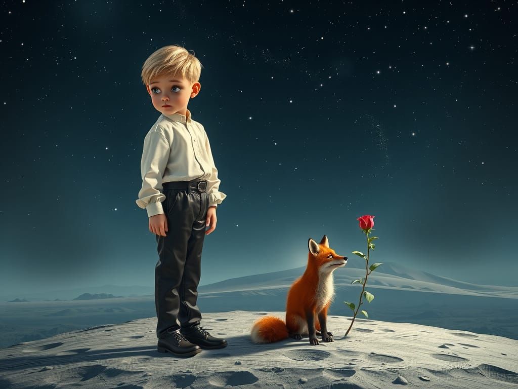 The Little Prince Embodies Wisdom on a Barren Moonlit Landsc...