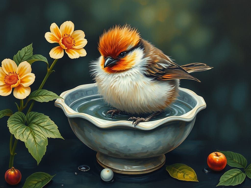 Whimsical Bird Bath in Vibrant Papier-Mâché Collage