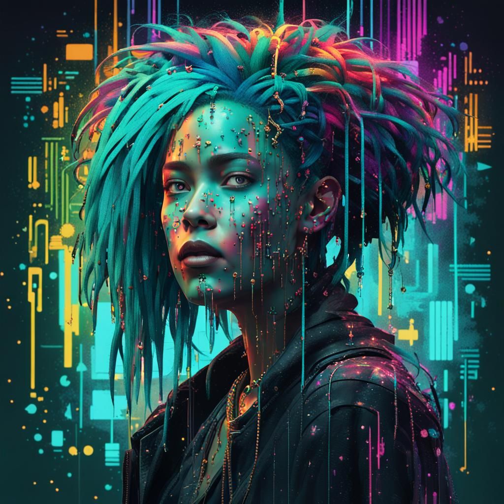 Vibrant Digital Figure Emerging from Neon Matrix