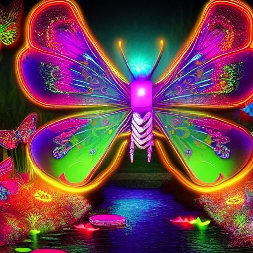 Neon Butterfly Soars Above a Vibrant Neon Forest