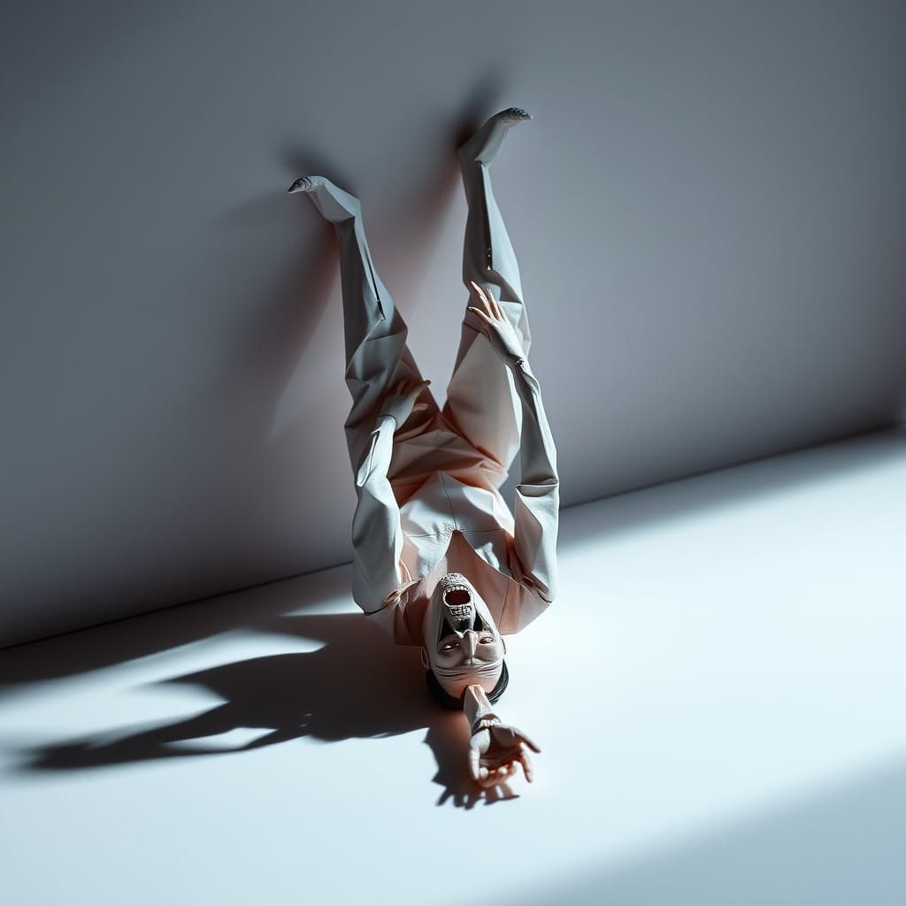 Origami Figure Falling in Dreamlike Papercraft Scene