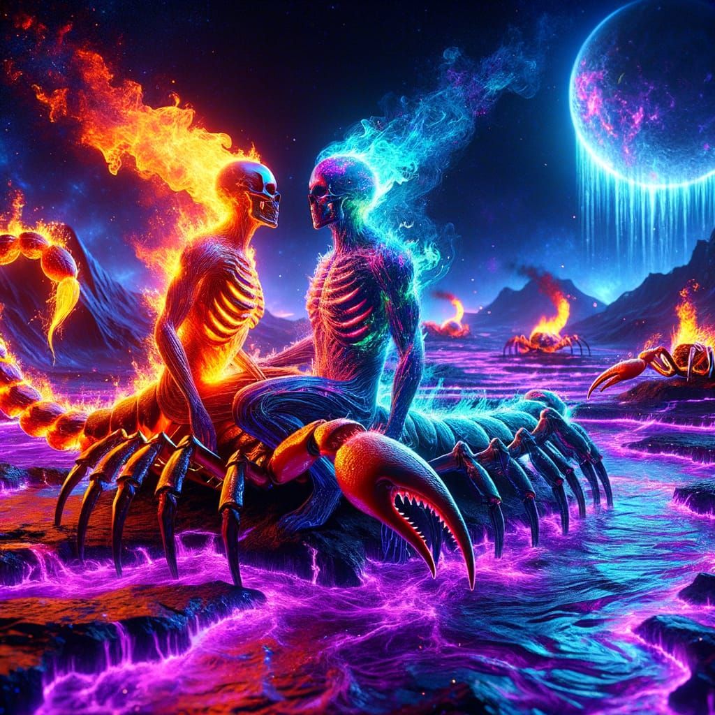 Blazing Humanoid Scorpions in a Magma River