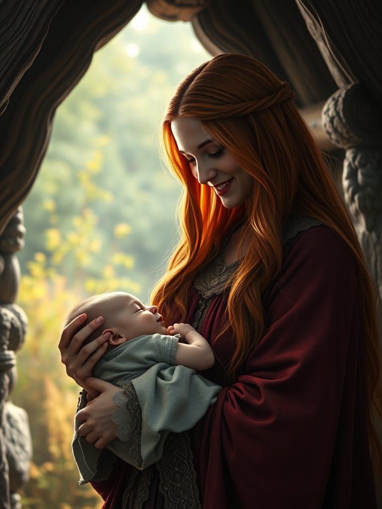 Medieval Mother Holds Baby in Whimsical Cottage Scene