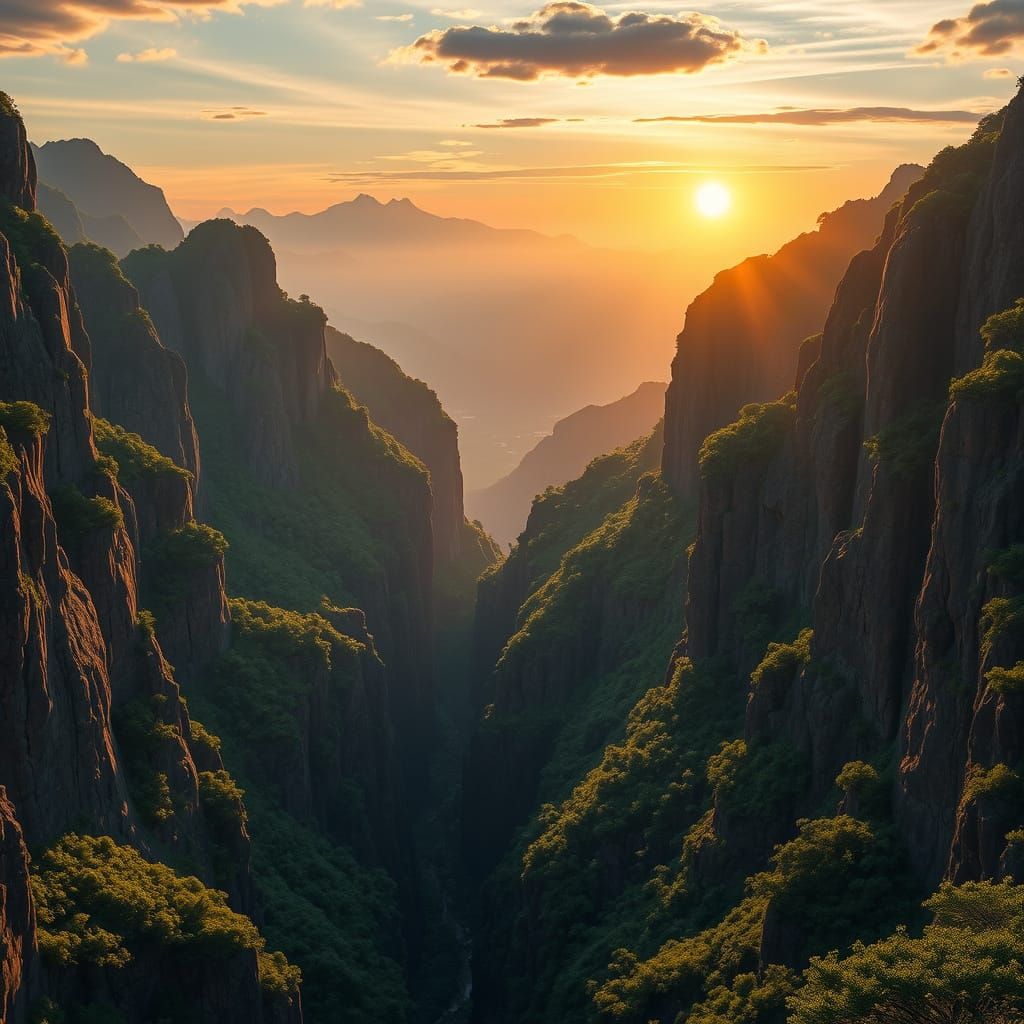 Surreal Pinglu Rift Valley Panorama in Warm Golden Light