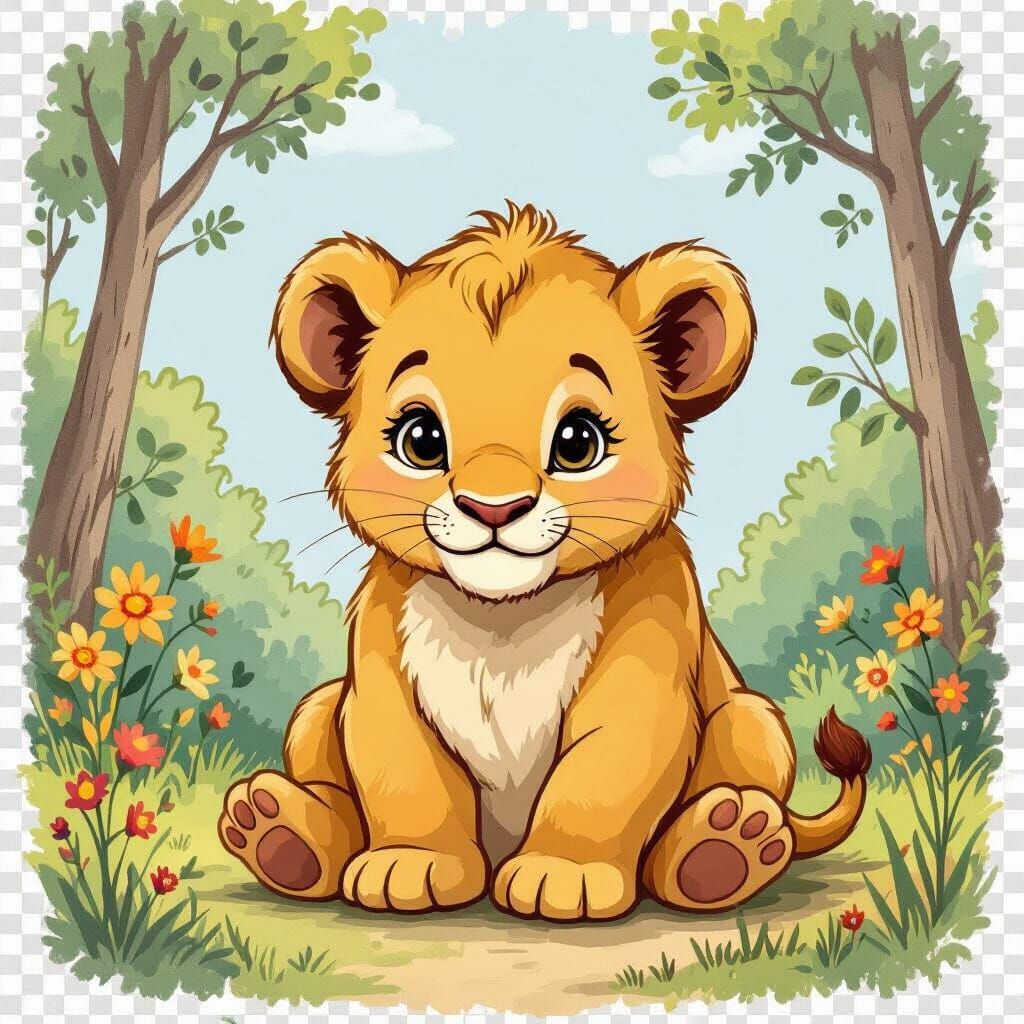 Cute Baby Lion Cub in Illustrative Style
