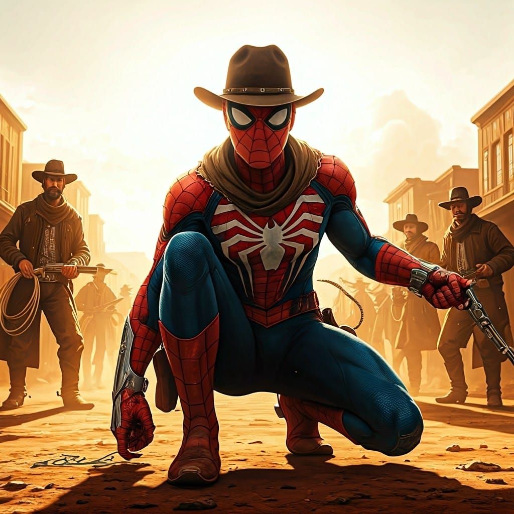 Spider-Man vs Cowboys in Gritty Comic Style