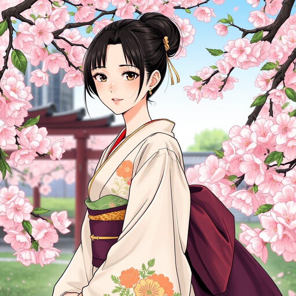 Kimono Woman in Cherry Blossom Garden, Manga Style