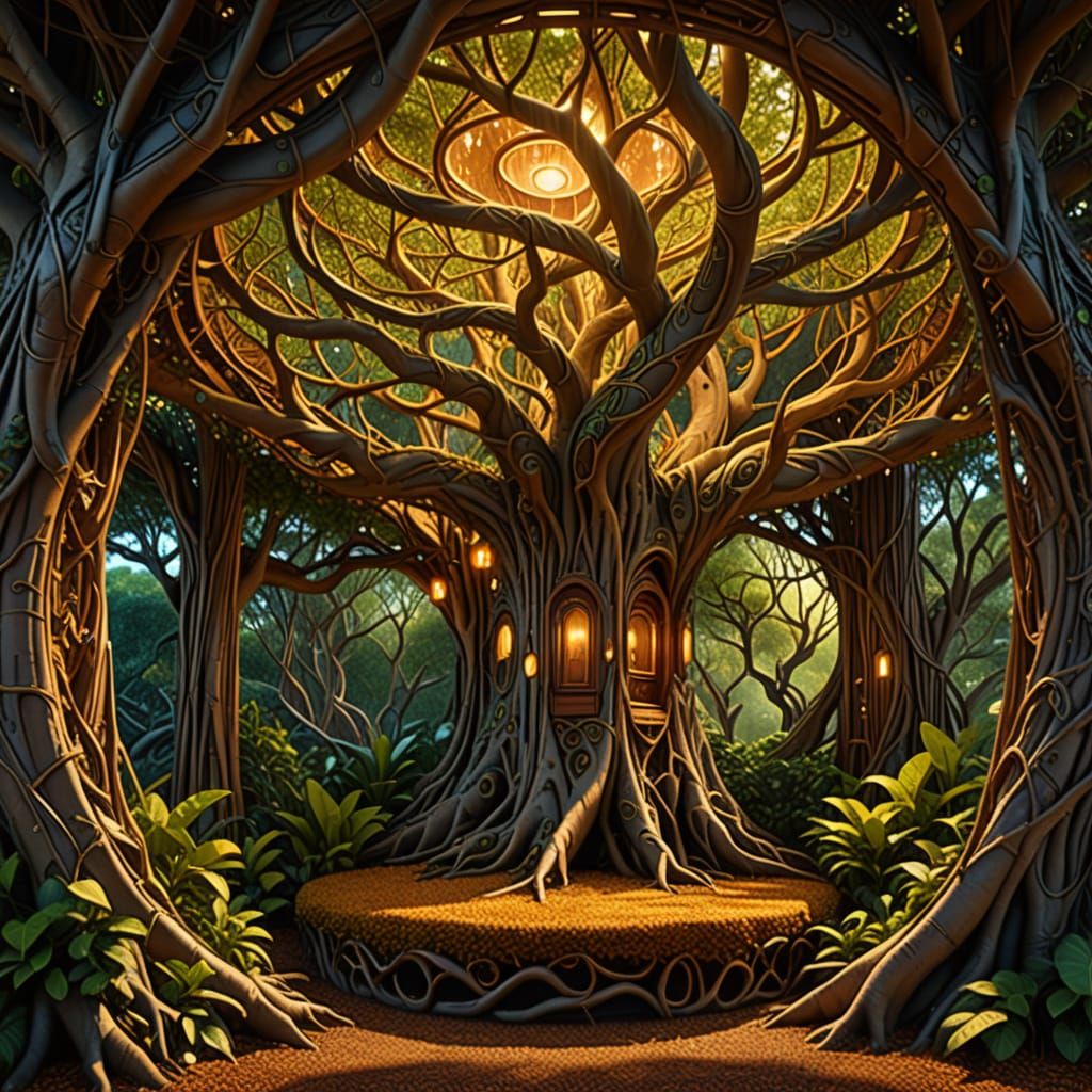 Surreal Birthing Room in Banyan Tree: Maximalist Art