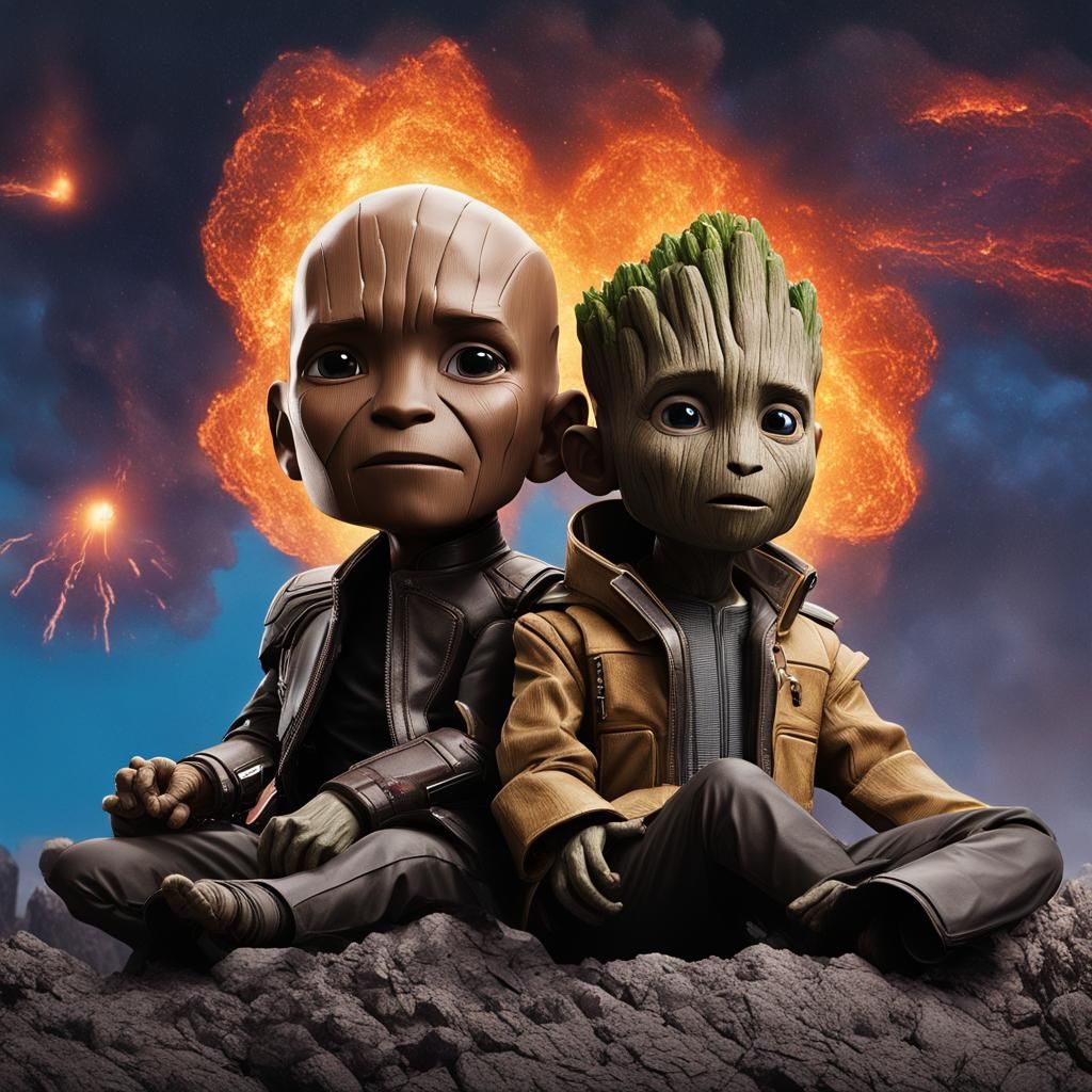 Baby Groot and Nick Fury Watch Volcano Eruption