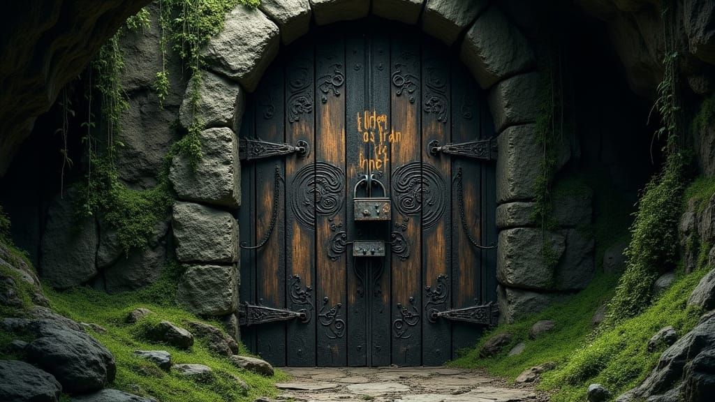 Ancient Cave Entrance Lock in Dark, Rusted Metal