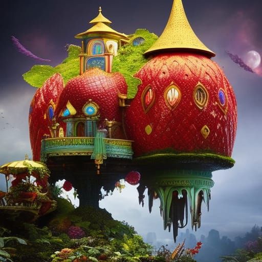Strawberry Houses in Lush Fantasy Garden