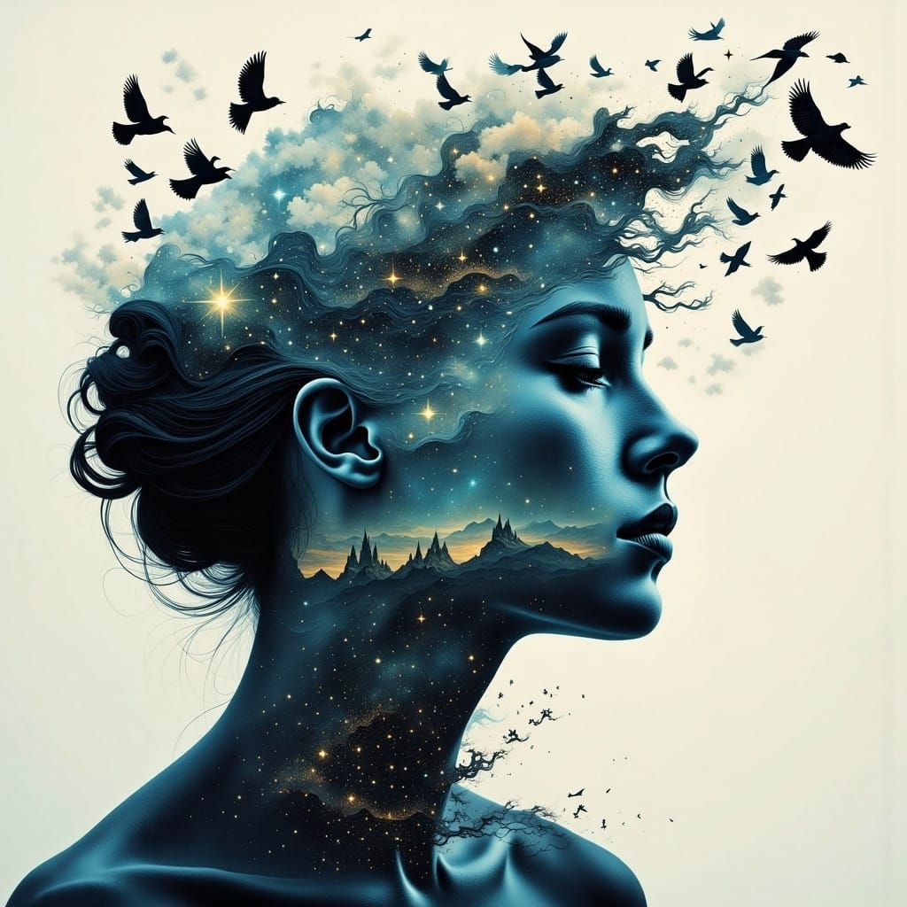 Face Dissolving into Birds with Astral Pattern