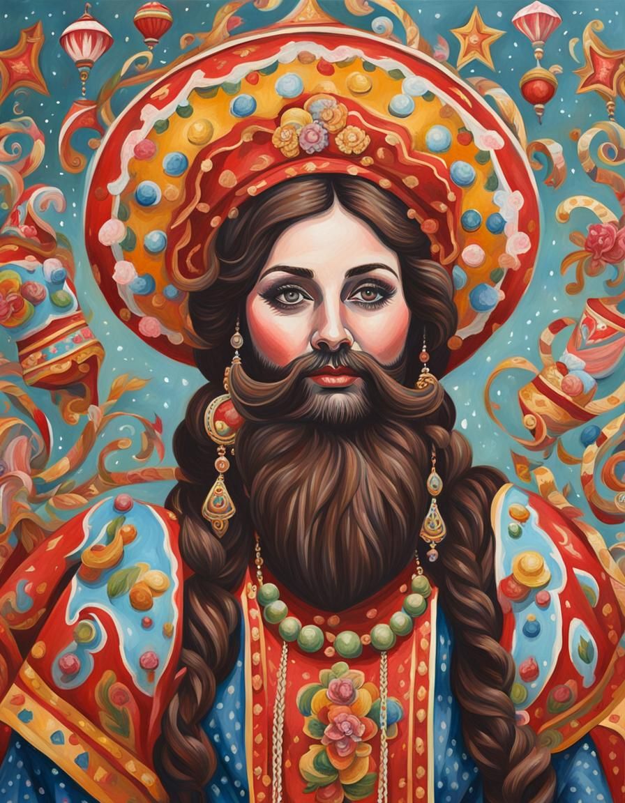 Fairground Bearded Lady in Gouache Style