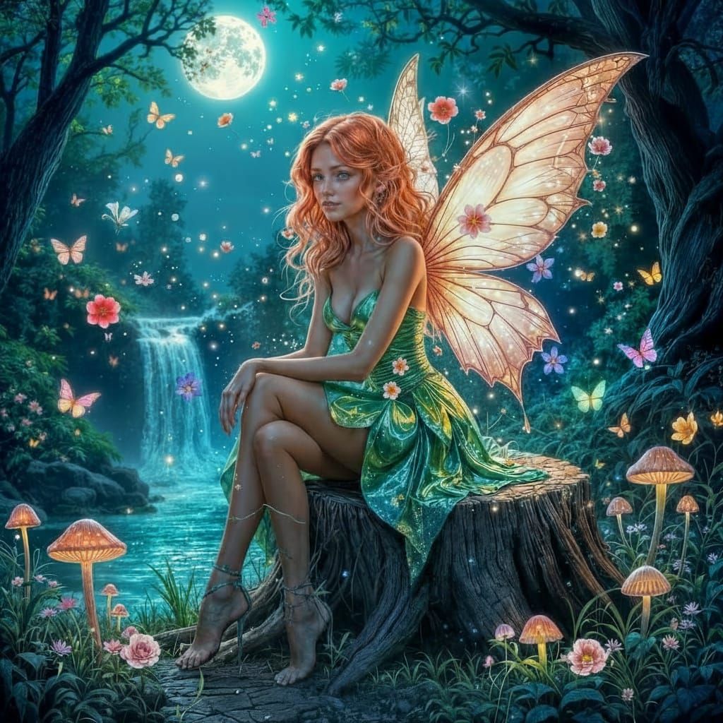 Auburn Fairy in Ethereal Forest with Foil Dress