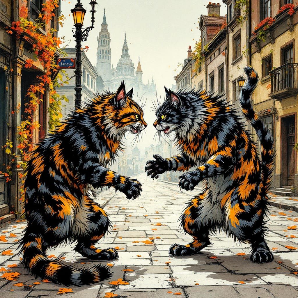 Fierce Feline Face-off in Vibrant Fantasy Scene