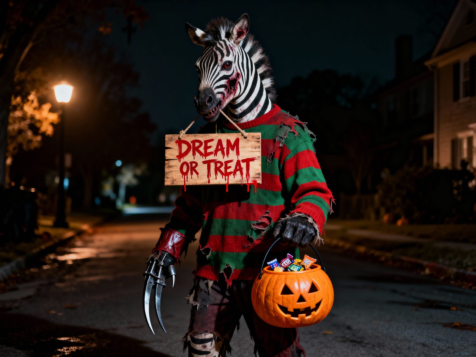 Zebra as Freddy Krueger Trick-or-Treating