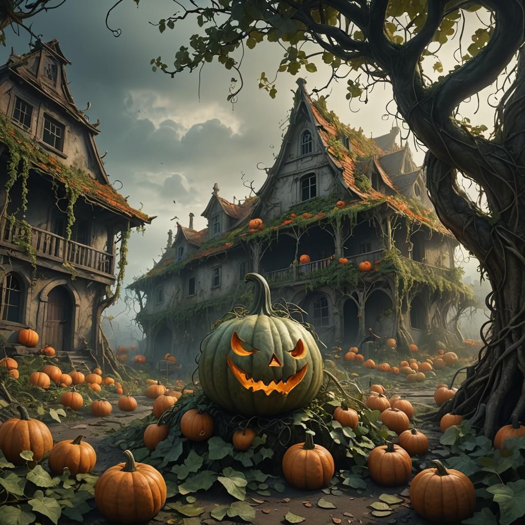 Cursed Gourd in Overgrown Village: Fantasy Matte Painting