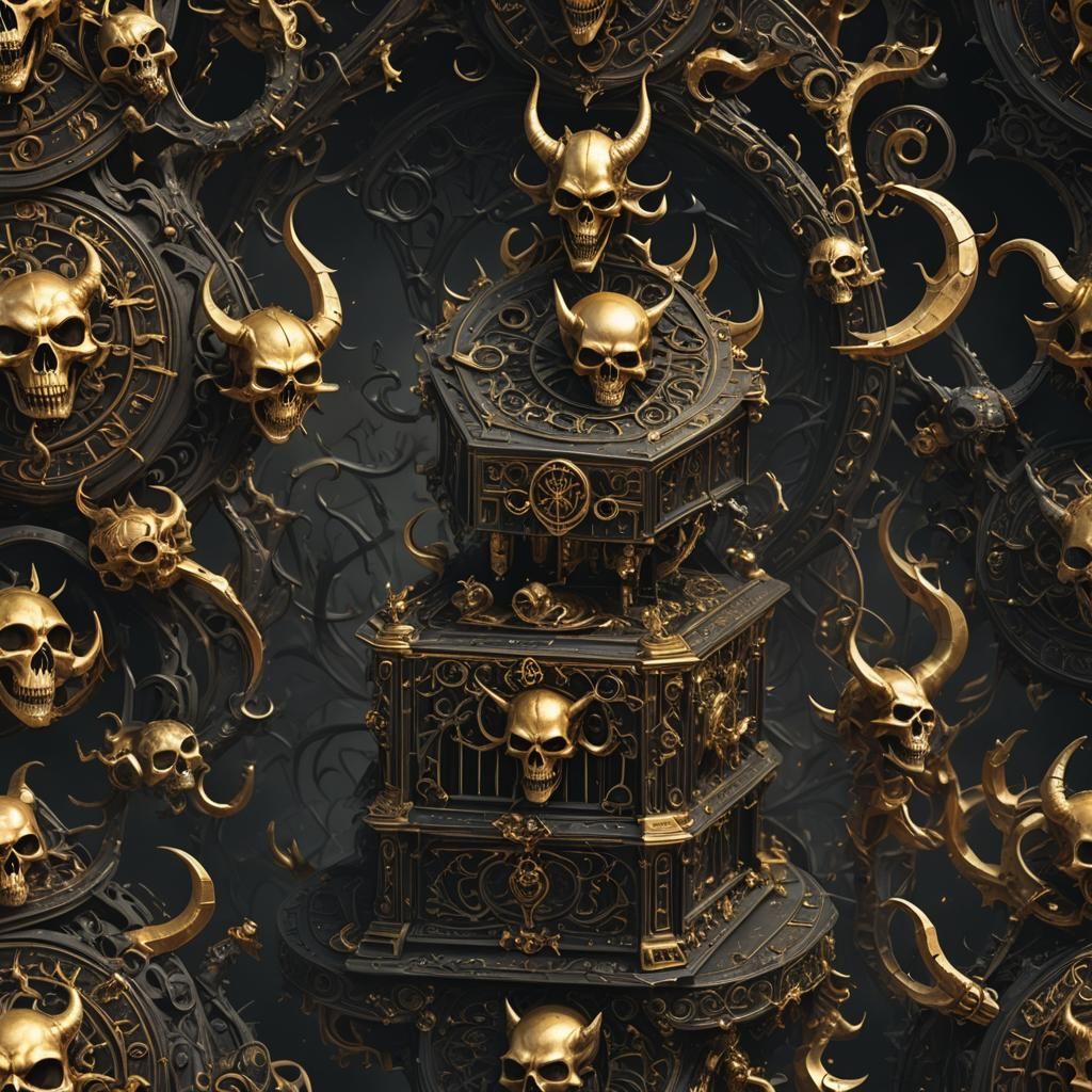 Demonic Black and Gold Music Box in Detailed Matte Painting