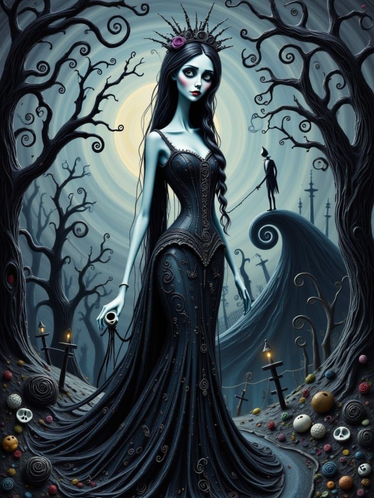 Eerie Woman with Skull in Dark Whimsical Landscape