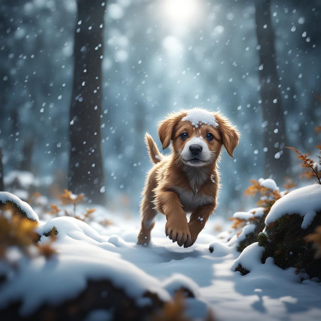 Puppy's Winter Joy: A Fantastical Forest Scene