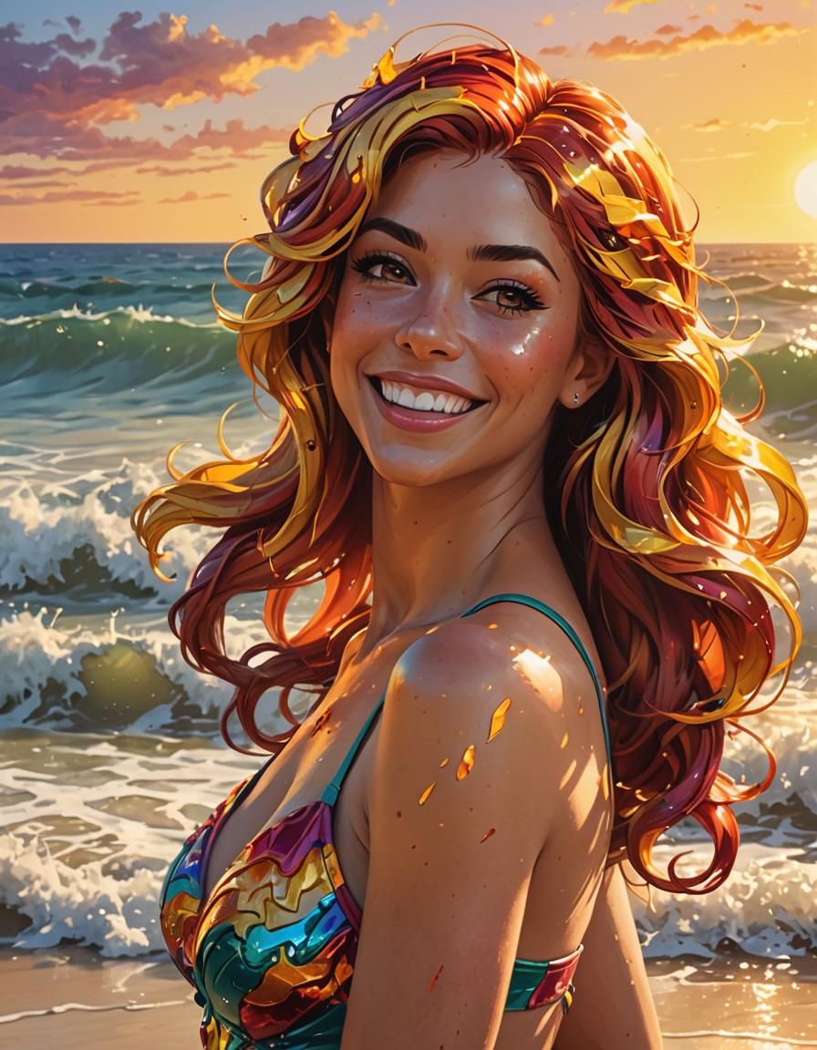 Hyperrealistic Sunset Shimmer on Sunny Beach