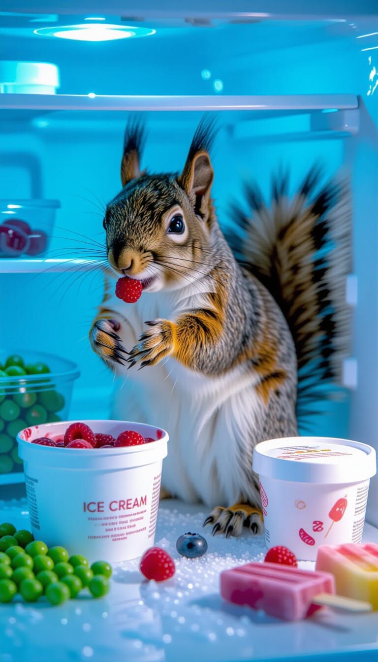 Squirrel Stealing Raspberry in Frosty Freezer, Digital Art