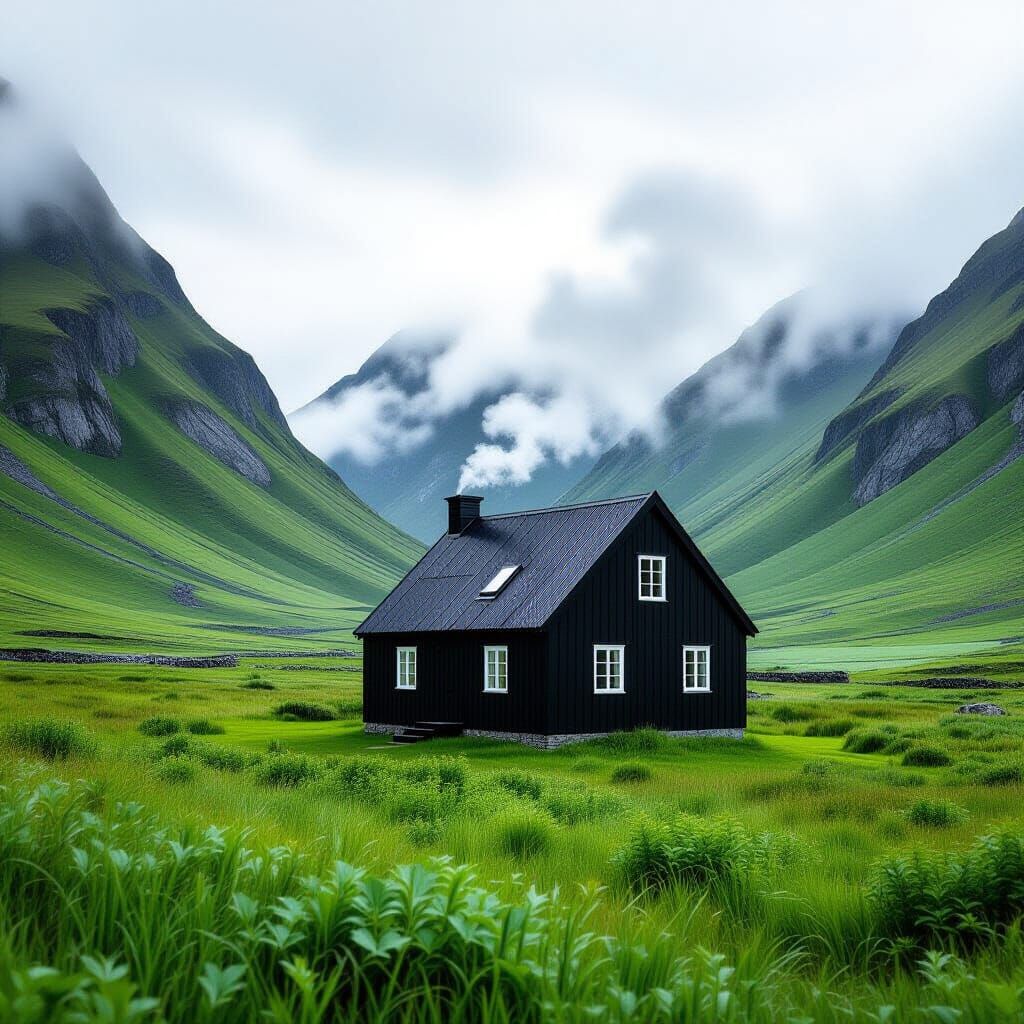 Solitary Black House in Green Valley: Atmospheric Landscape