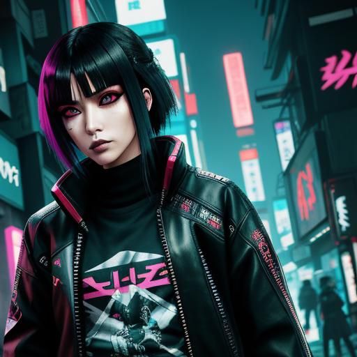 Cyberpunk Japanese Goth Girl in Neon City