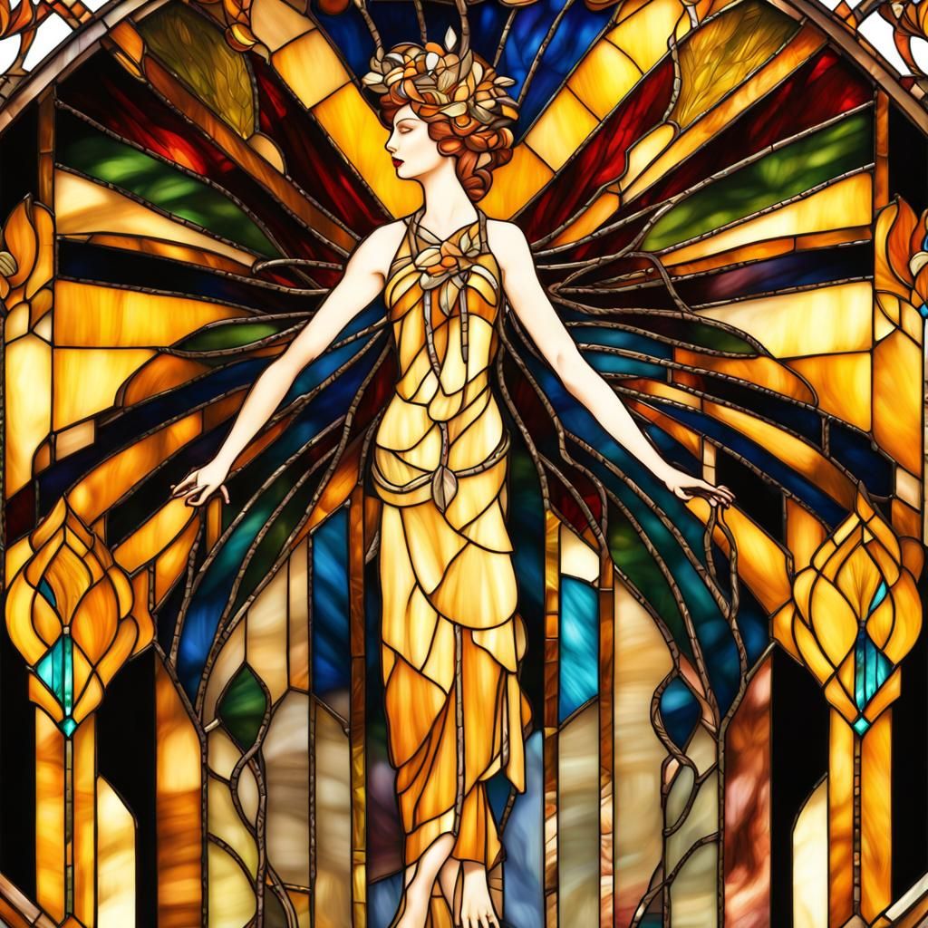 ART DECO stain glass window of the Firebird