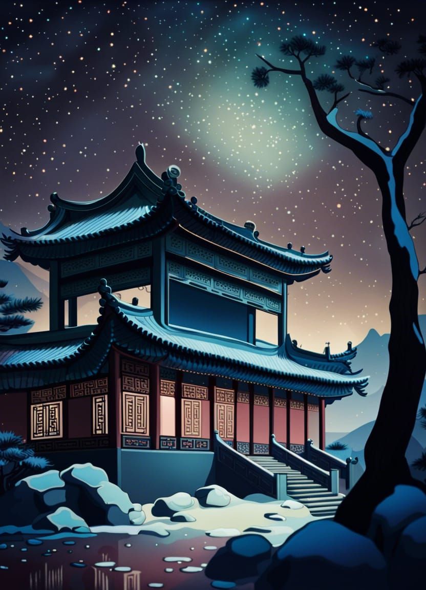 Winter Palace Under Starry Sky: Digital Art