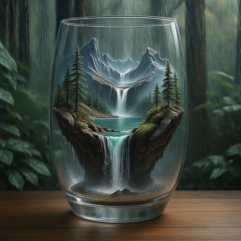 Antique Hourglass With Mountain Forest and Waterfall Scene