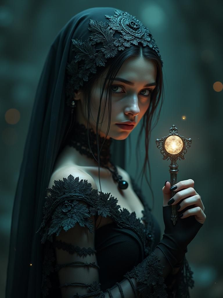 Ethereal Woman with Key in Dark Fantasy Style