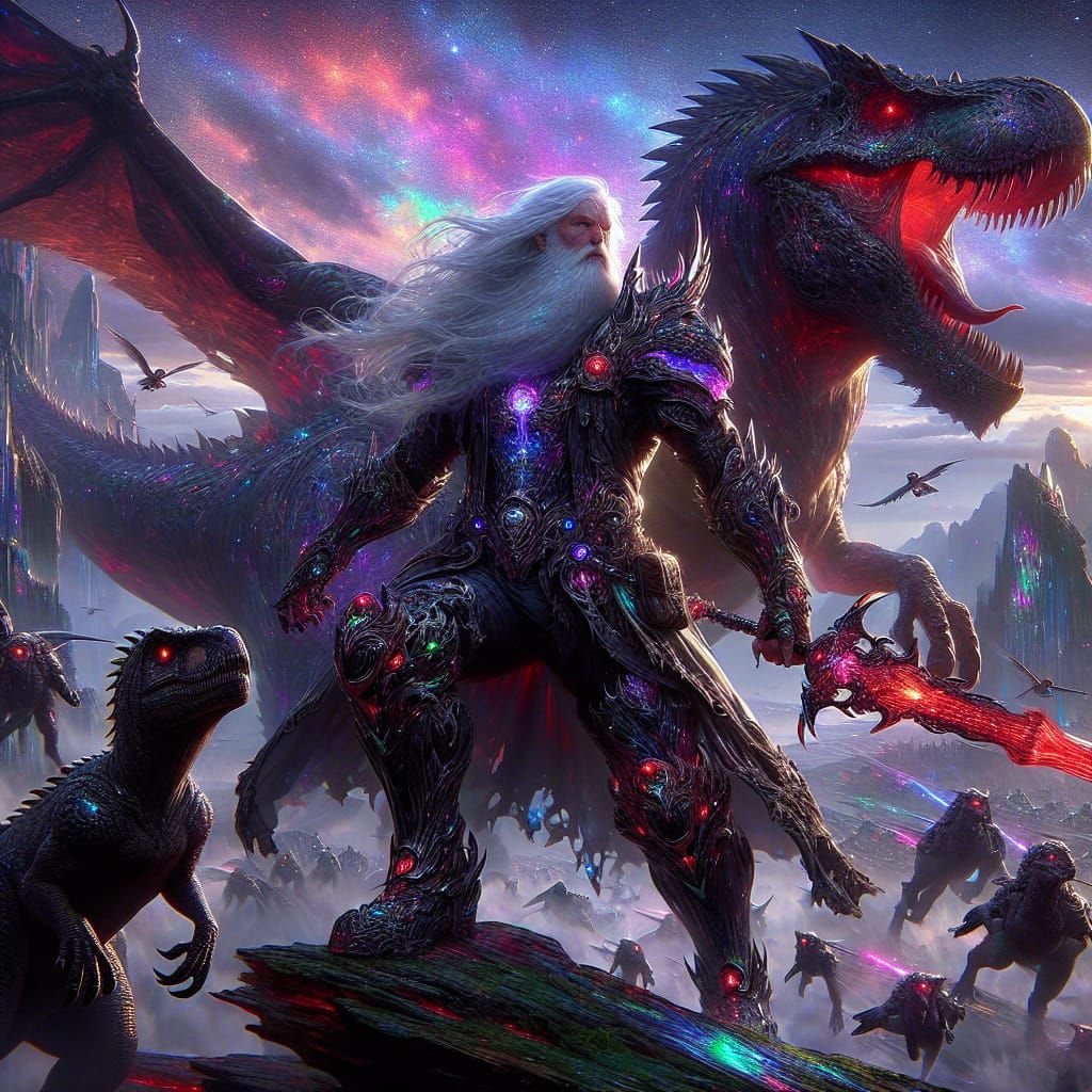 Warrior on T-Rex Confronts Raptor Army