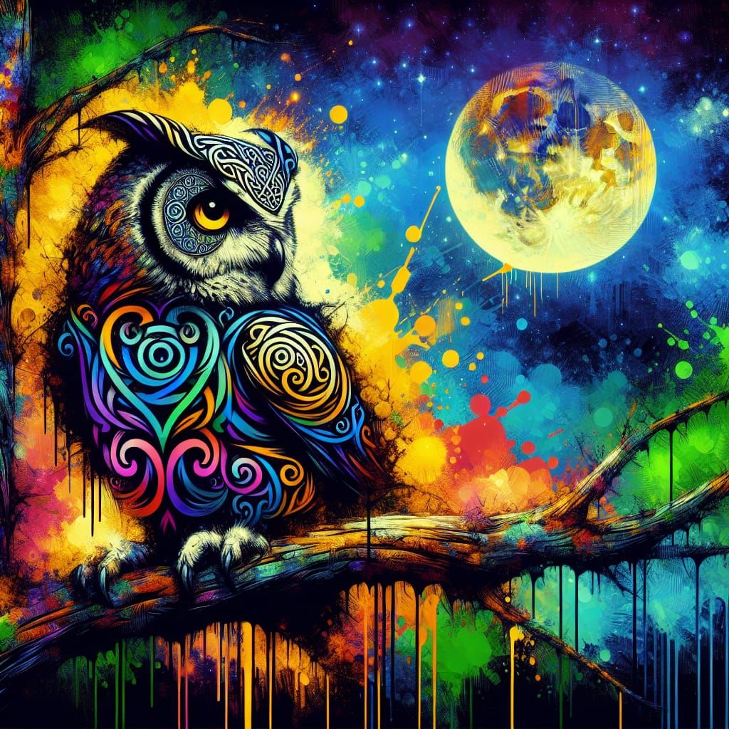 Celtic Owl in Moonlight: Vibrant Street Art
