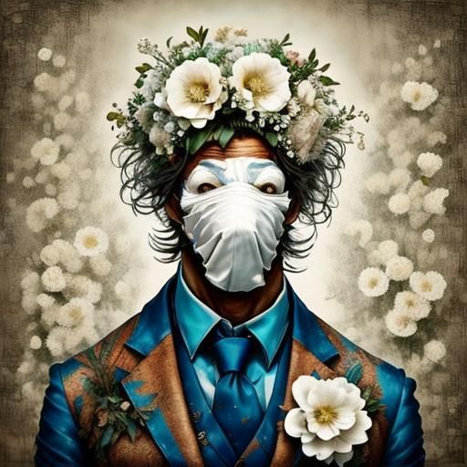 Man Hides Face with Flowers in Steampunk Style
