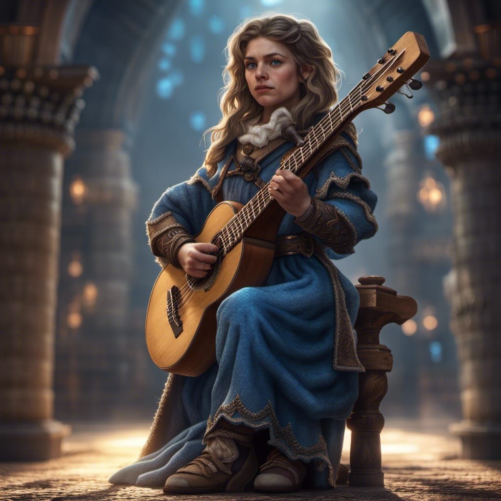 Hyperrealistic Halfling Bard in Blue Robes