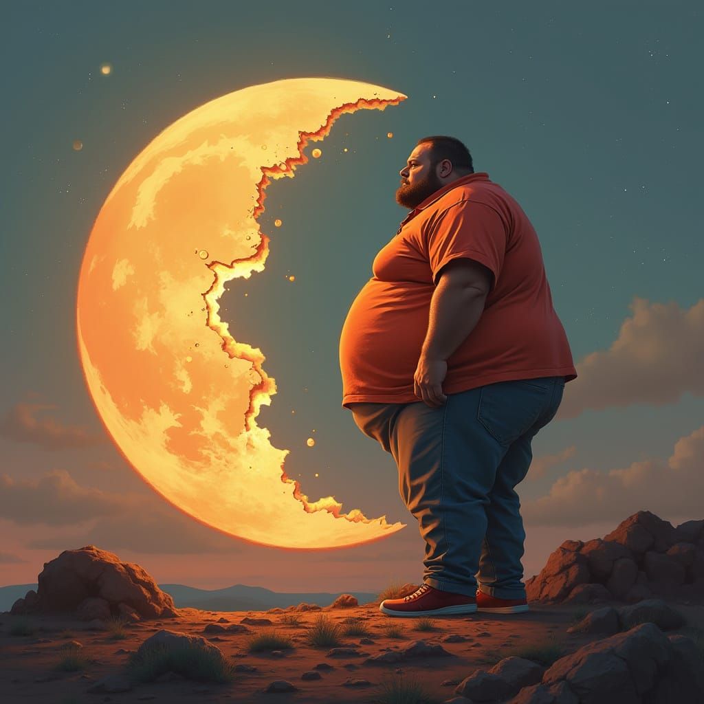 Surreal Moon Bite: Obese Man Devours Lunar Chunk