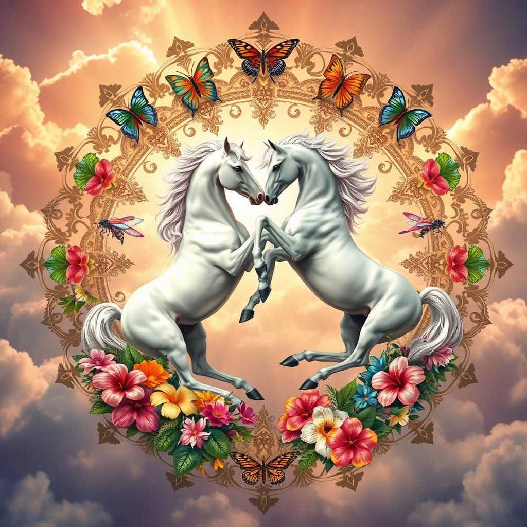 Ethereal Mandala Circle with Tropical Blooms and Majestic St...