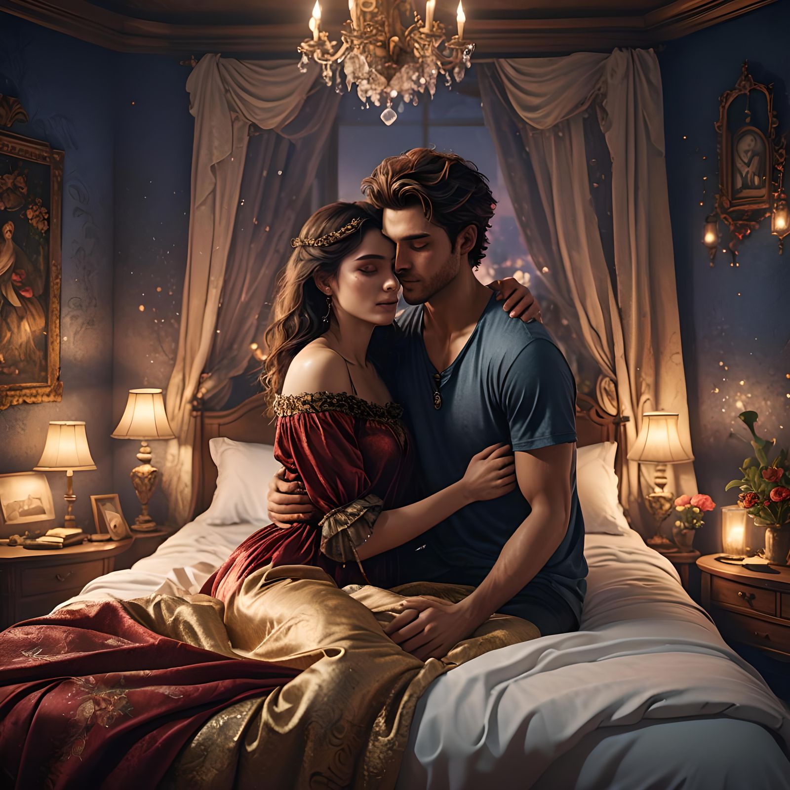 Romantic Embrace in a Fantasy Bedroom