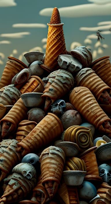 Pile of ice cream cone and skulls