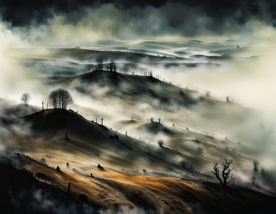 Eerie Fog-Laden Hills in Sinister Watercolor Style