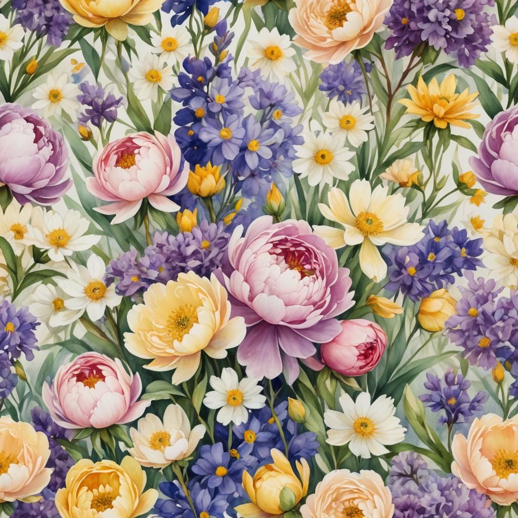 Watercolor Bouquet of Peonies and Lilacs in Art Nouveau Styl...