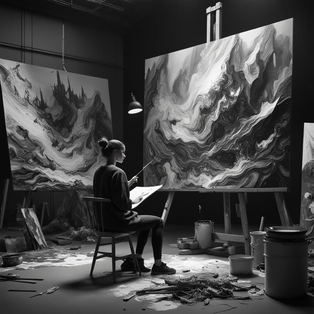 Female Artist Creates Abstract Painting in Studio