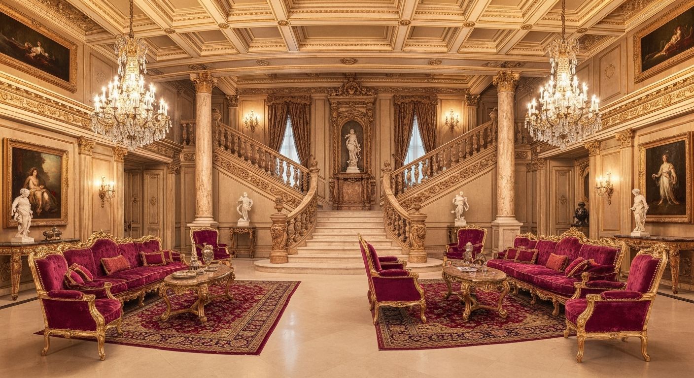 Opulent Empire Style Living Room with Grand Staircase