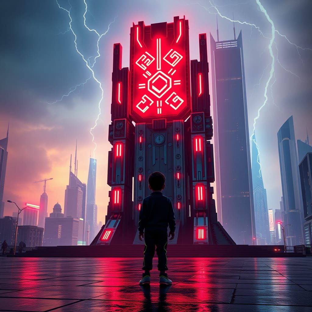 Cyberpunk Boy Stands Before Towering Throne