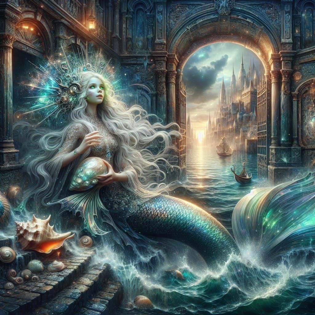 rushing ocean, mermaid, and  a mother of pearls conch