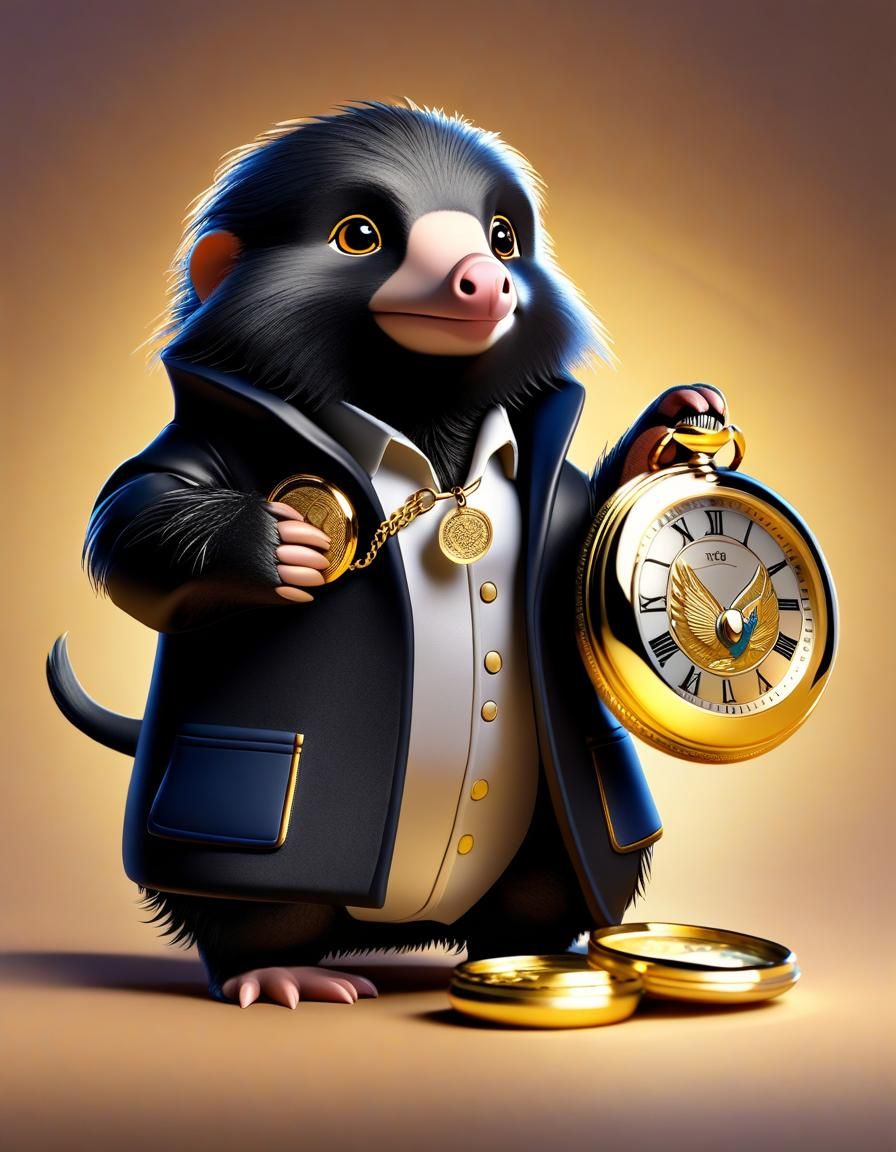 Cute Chibi Niffler with Gold Watch as 3D Art