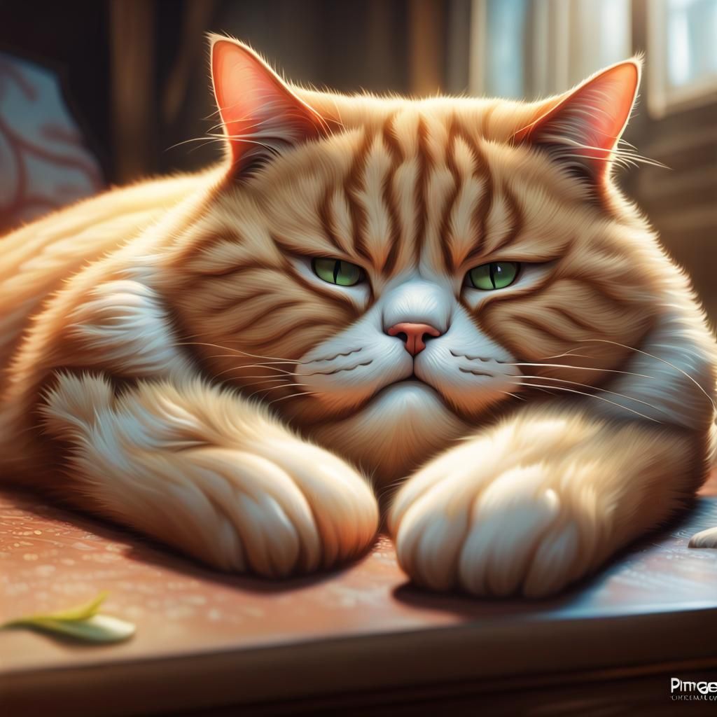 Overweight Cat Napping After Bird Snack: 3D Render
