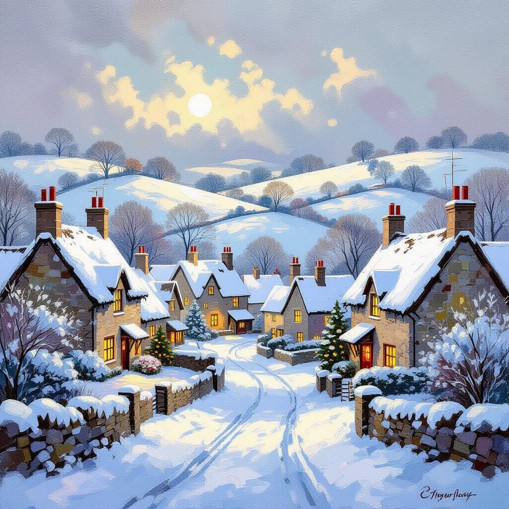 Cotswolds Christmas Landscape in Impressionist Gouache Style