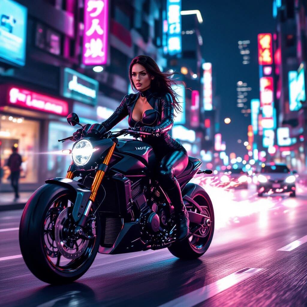 Woman on Motorbike in Futuristic Neon City